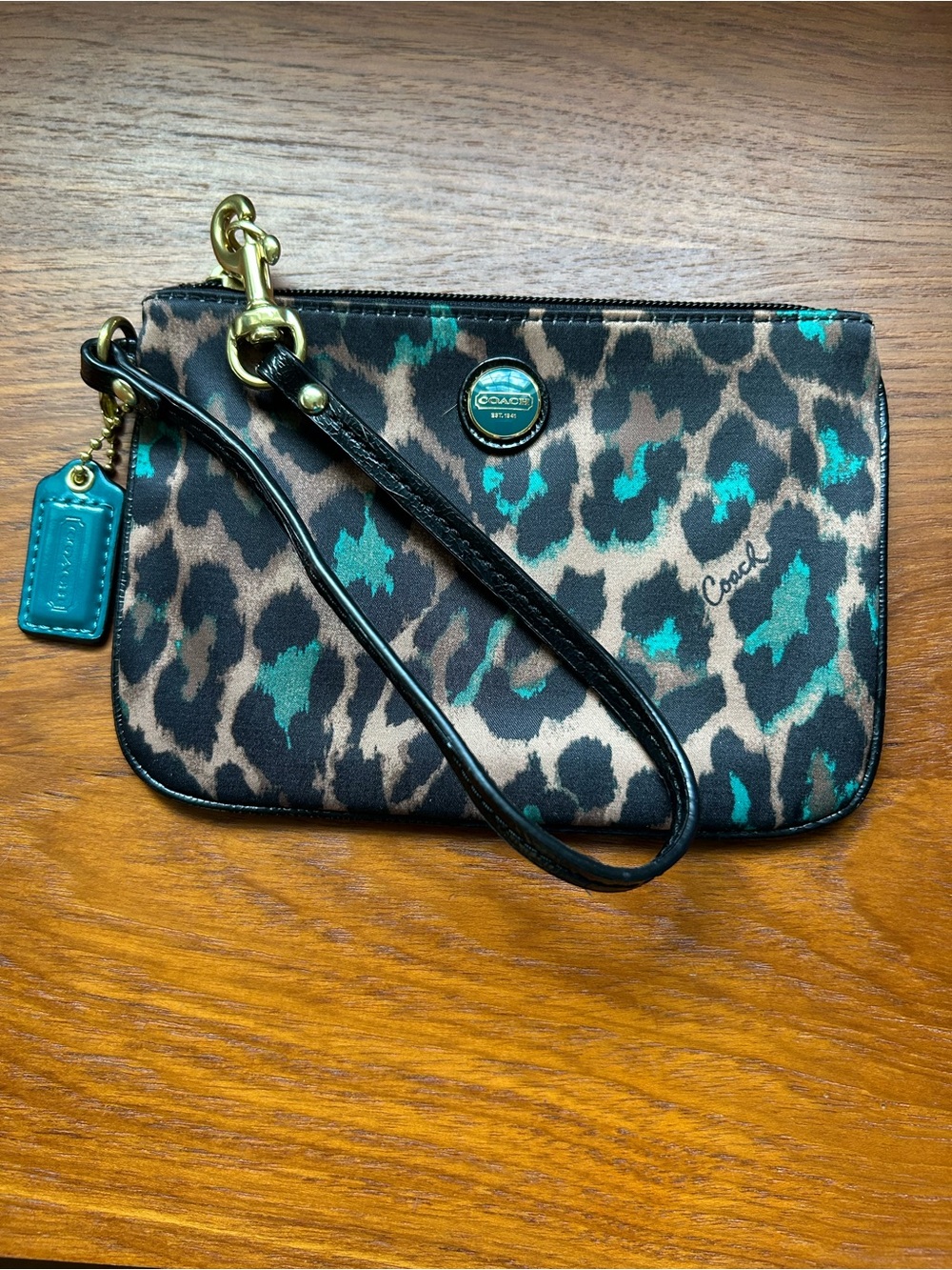 COACH Ocelot Cheetah Print Wristlet Pouchette Teal Blue & Brown - Picture 3 of 4